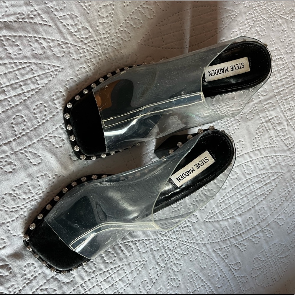 Steve Madden Neila Rhinestone Detail Clear Block Heel Dress Mules